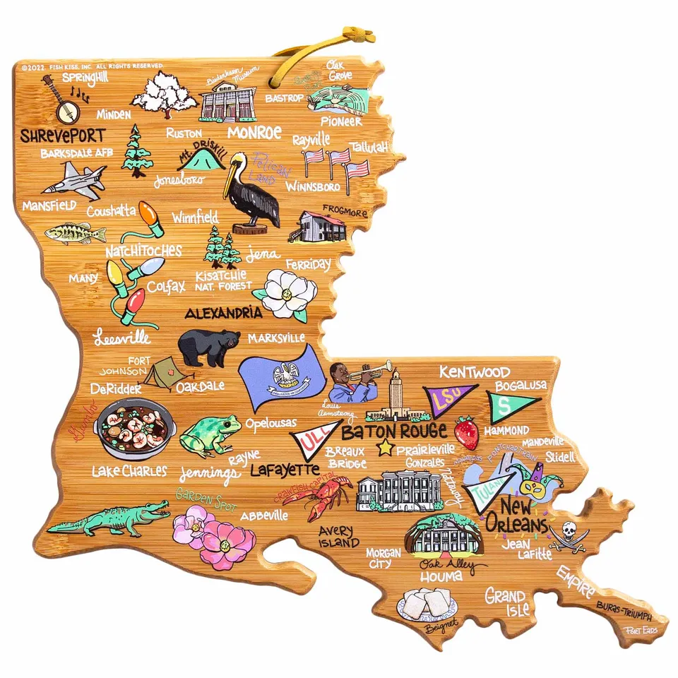 totally-bamboo-louisiana-state-shaped-cutting-board-with-fish-kiss-artwork-by-an image 1