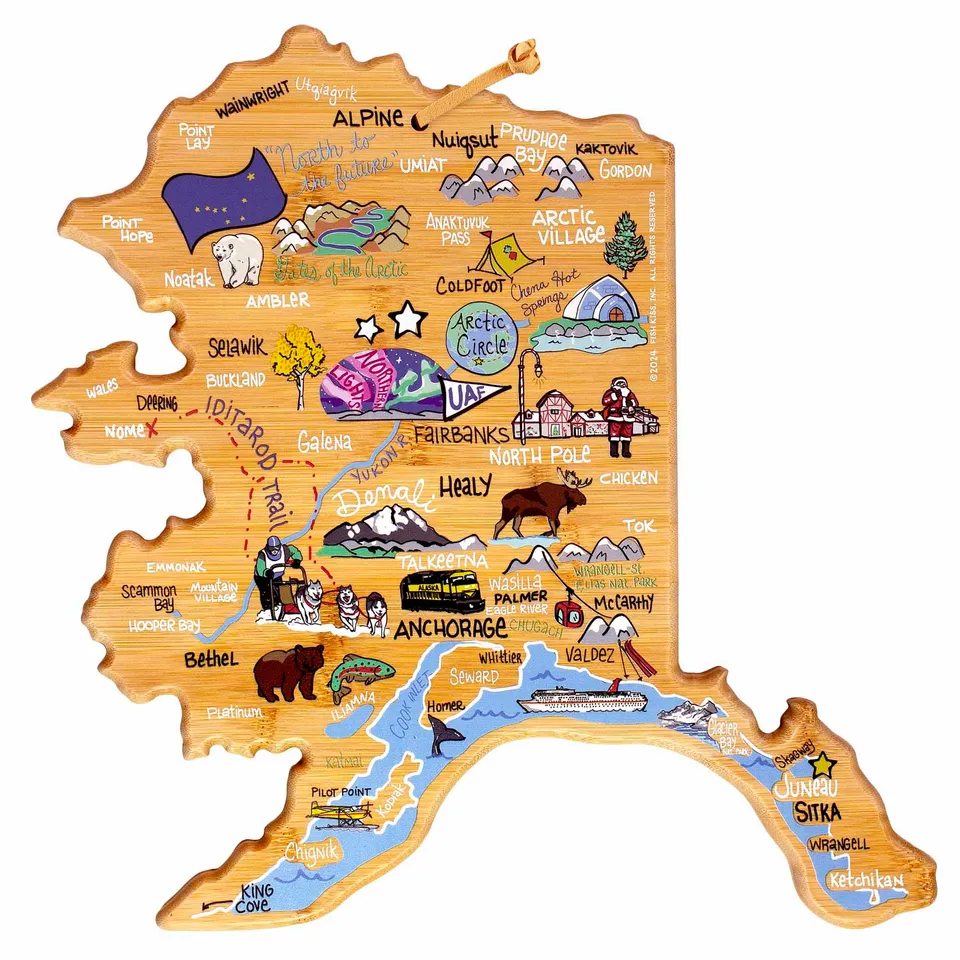 totally-bamboo-alaska-state-shaped-cutting-board-with-fish-kiss-artwork-by-anne- image 1