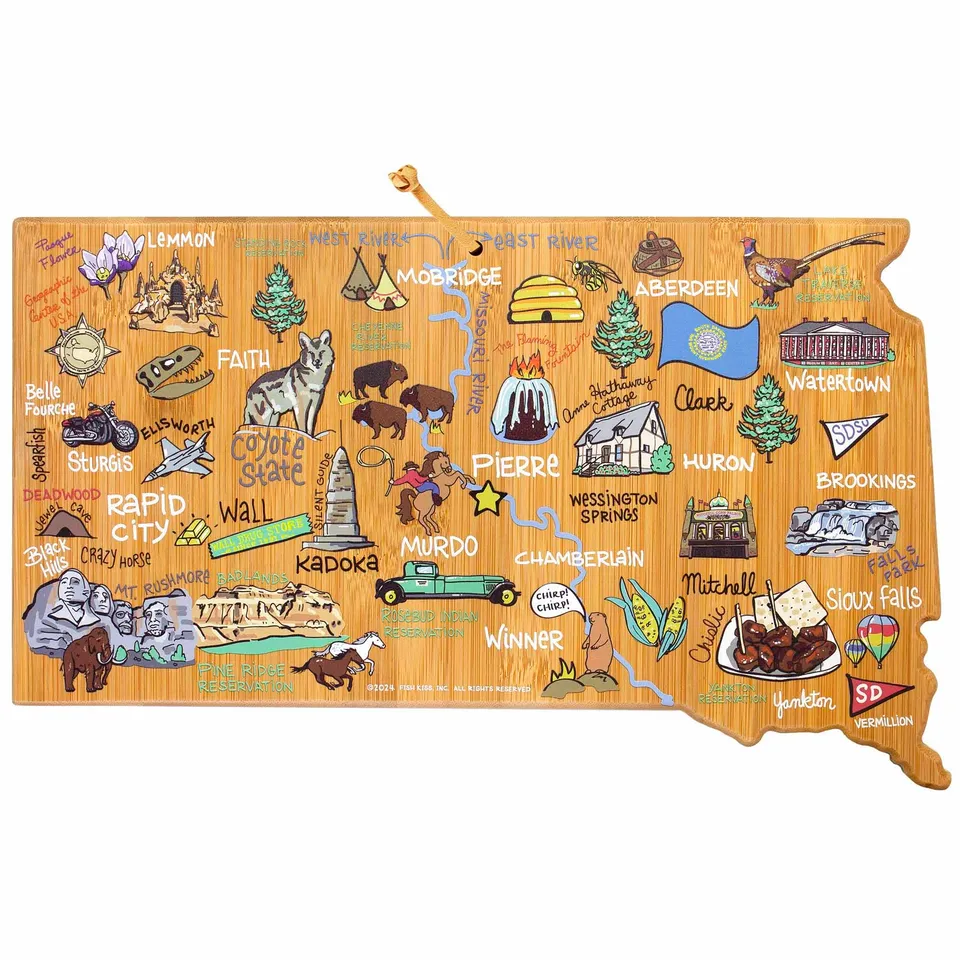 totally-bamboo-south-dakota-state-shaped-bamboo-cutting-serving-board-with-fish- image 1