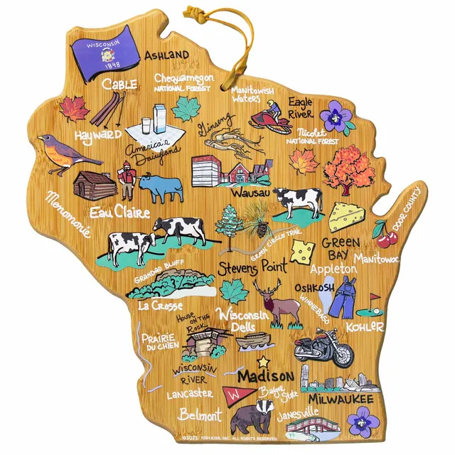 totally-bamboo-wisconsin-state-shaped-cutting-board-with-fish-kiss-artwork-food- image 1