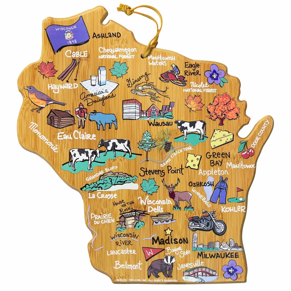 totally-bamboo-wisconsin-state-shaped-cutting-board-with-fish-kiss-artwork-food- image 1