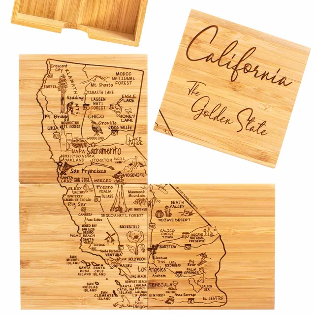 totally-bamboo-4-piece-california-puzzle-coaster-set-with-bamboo-case-laser-engr image 1