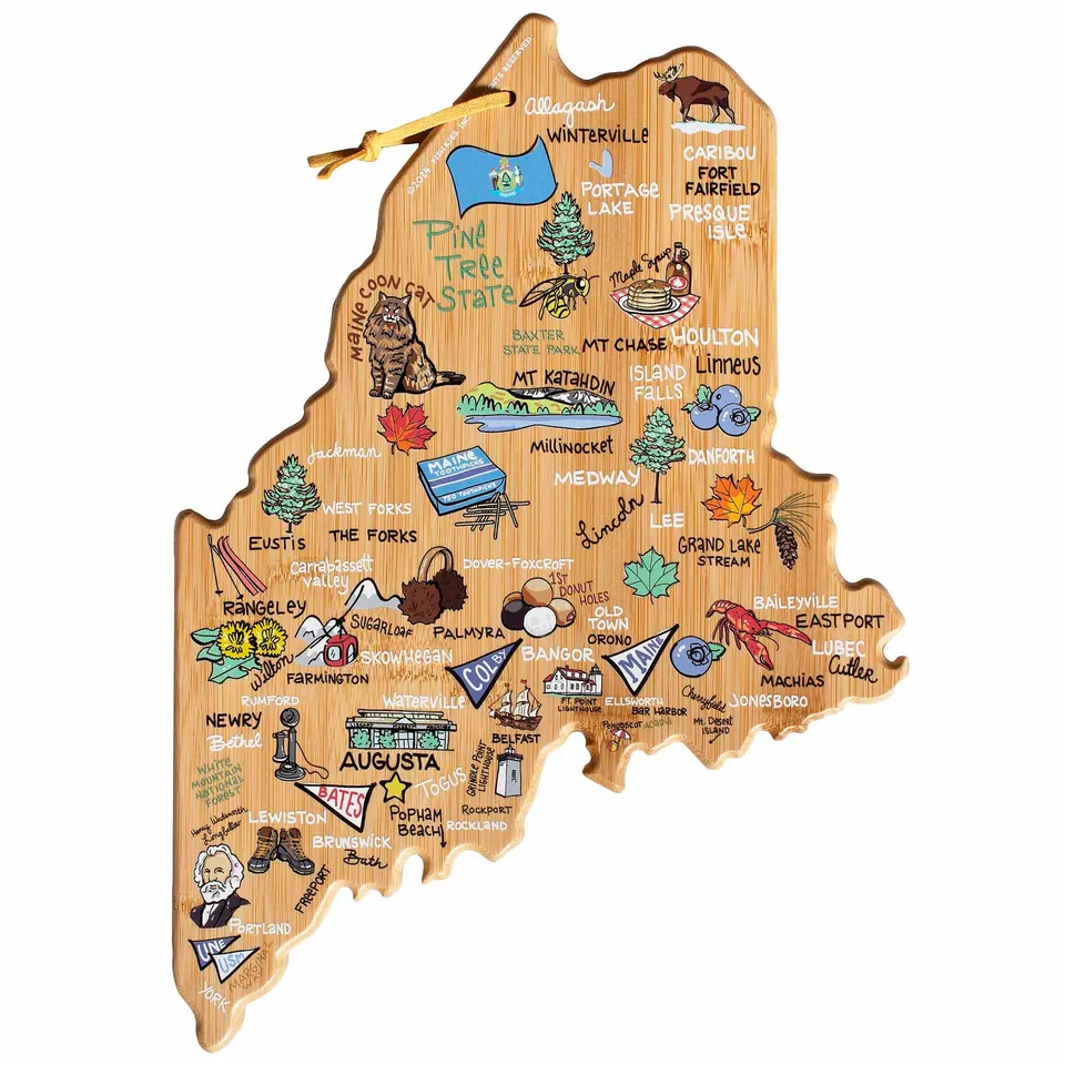 totally-bamboo-maine-state-shaped-cutting-board-with-fish-kiss-artwork-by-anne-k image 1