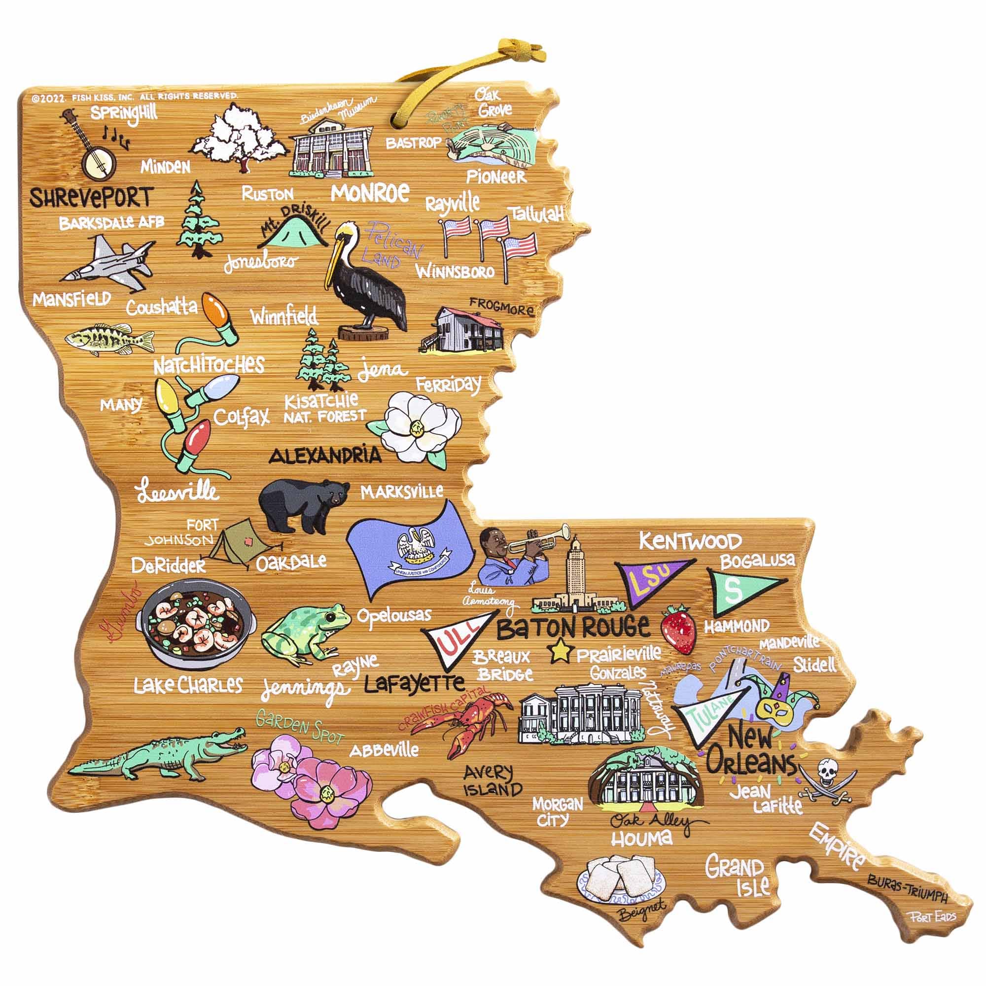 totally-bamboo-louisiana-state-shaped-cutting-board-with-fish-kiss-artwork-by-an image 1