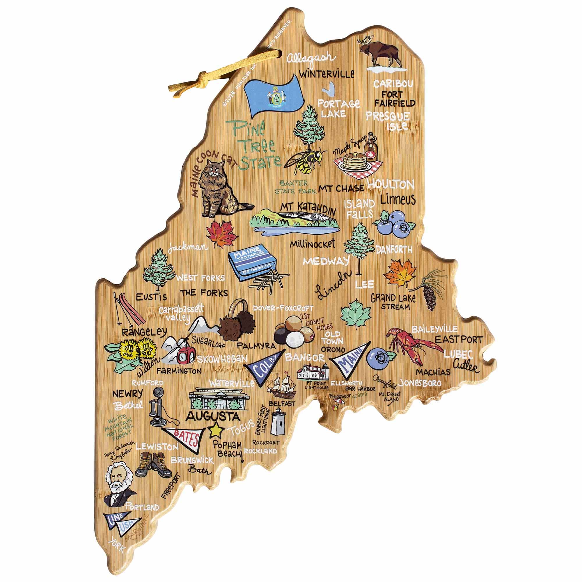 totally-bamboo-maine-state-shaped-cutting-board-with-fish-kiss-artwork-by-anne-k image 1