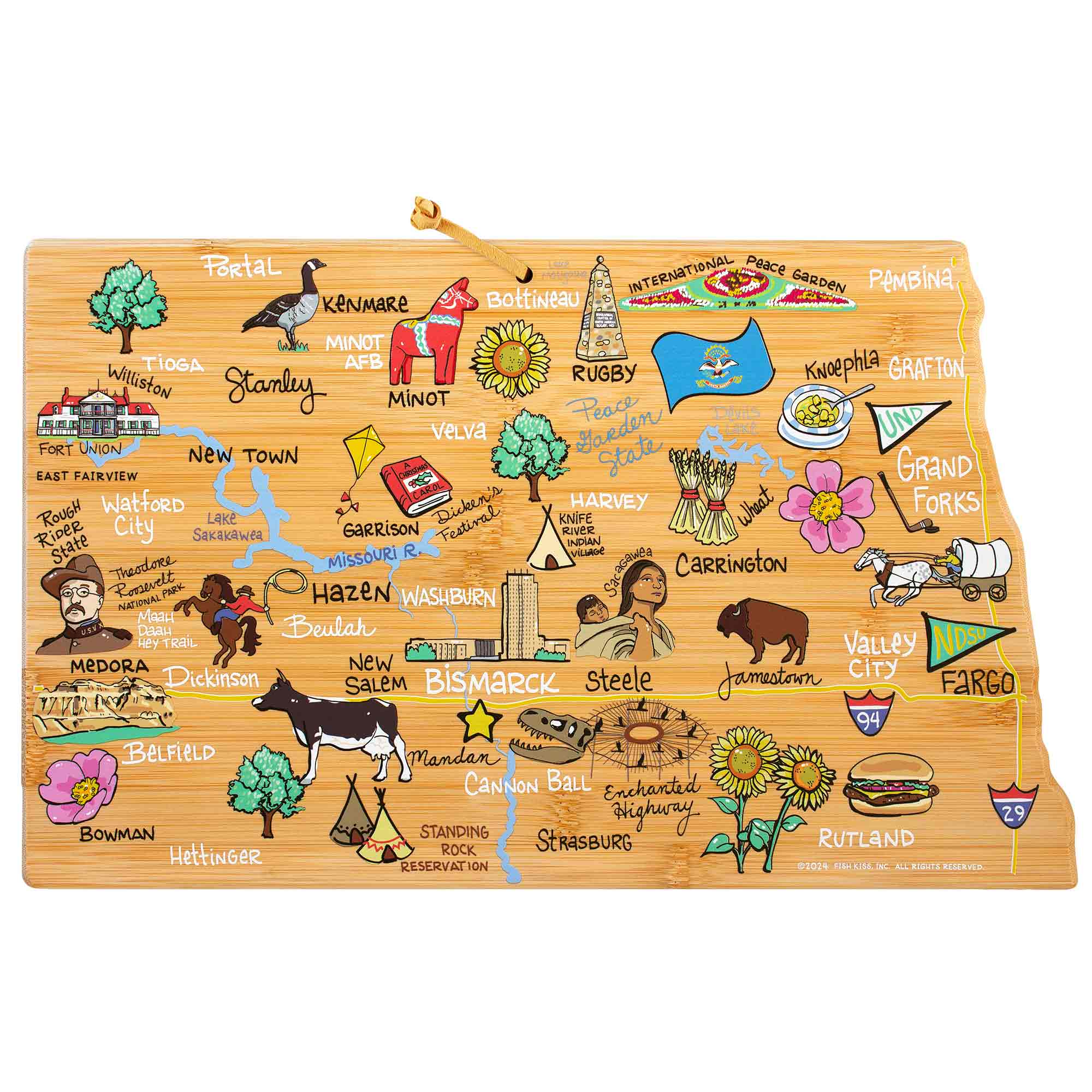 totally-bamboo-north-dakota-state-shaped-cutting-board-with-fish-kiss-artwork image 1