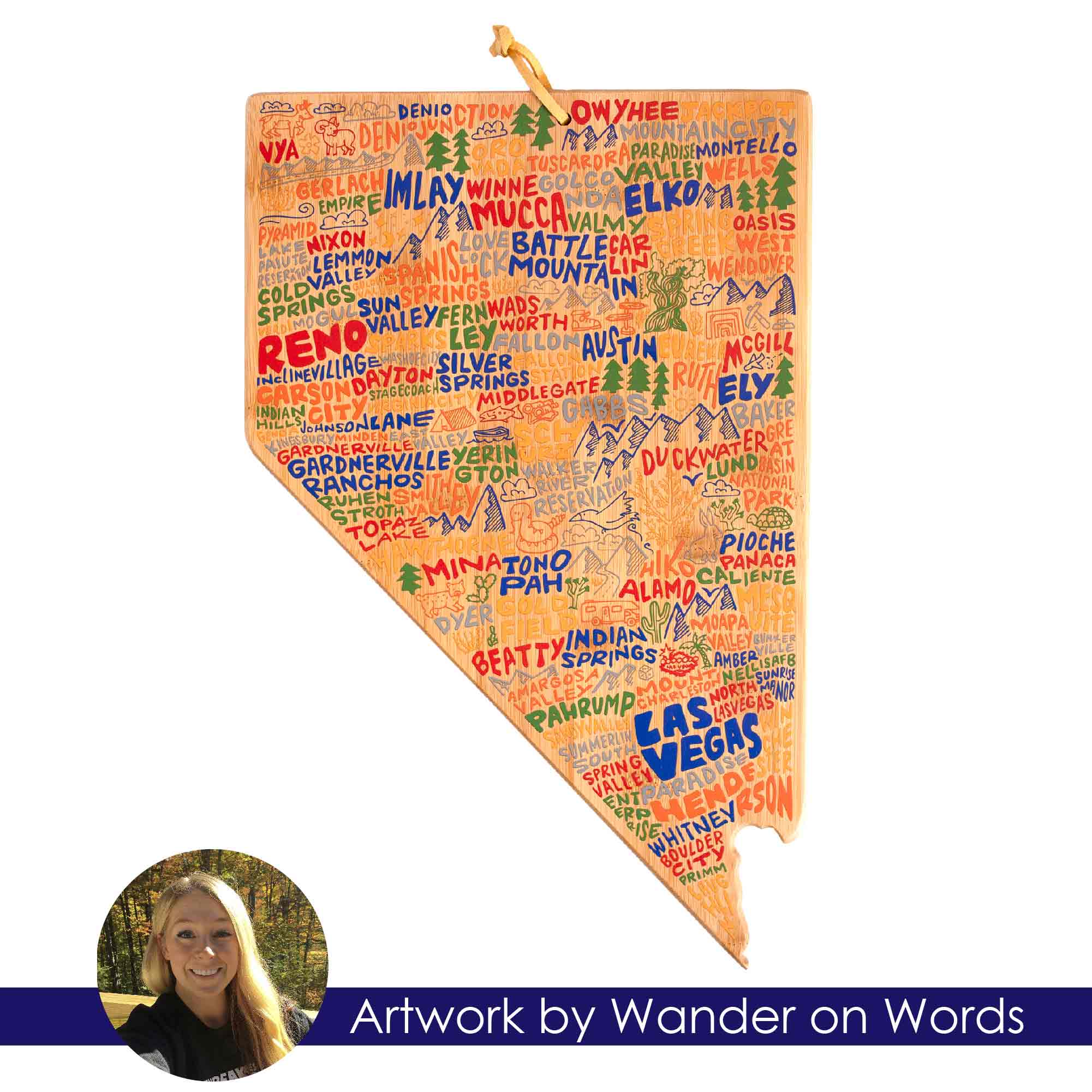 totally-bamboo-nevada-state-shaped-cutting-board-with-wander-on-words-artwork image 7